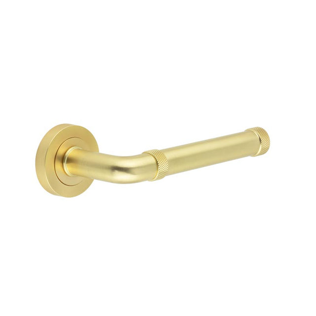 This is an image showing the Frelan - Midtown Satin Brass lever on rose available to order from T.H. Wiggans Ironmongery in Kendal