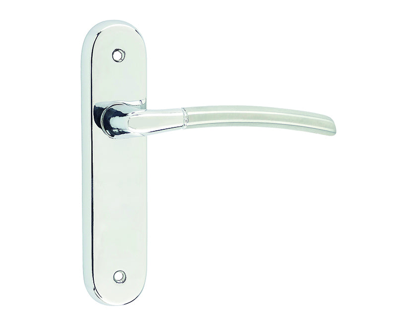 This is an image showing the Frelan - Lorenzo Kontrax Suite Door Handle on Latchplate Polished Chrome/Satin C available to order from T.H. Wiggans Ironmongery in Kendal