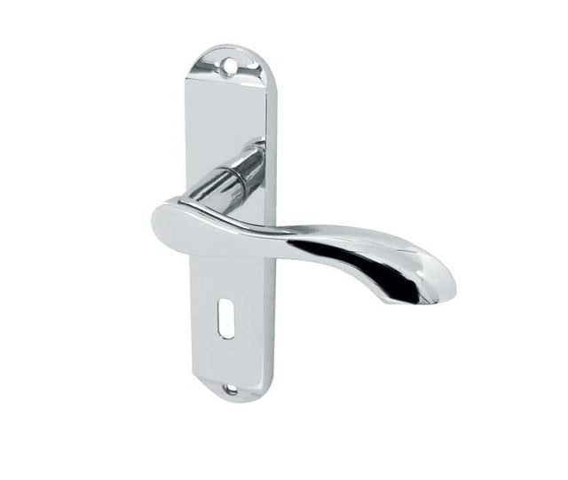 This is an image showing the Frelan - Broadway Standard Lever Lock Handles on Backplates - Polished Chrome available to order from T.H. Wiggans Ironmongery in Kendal