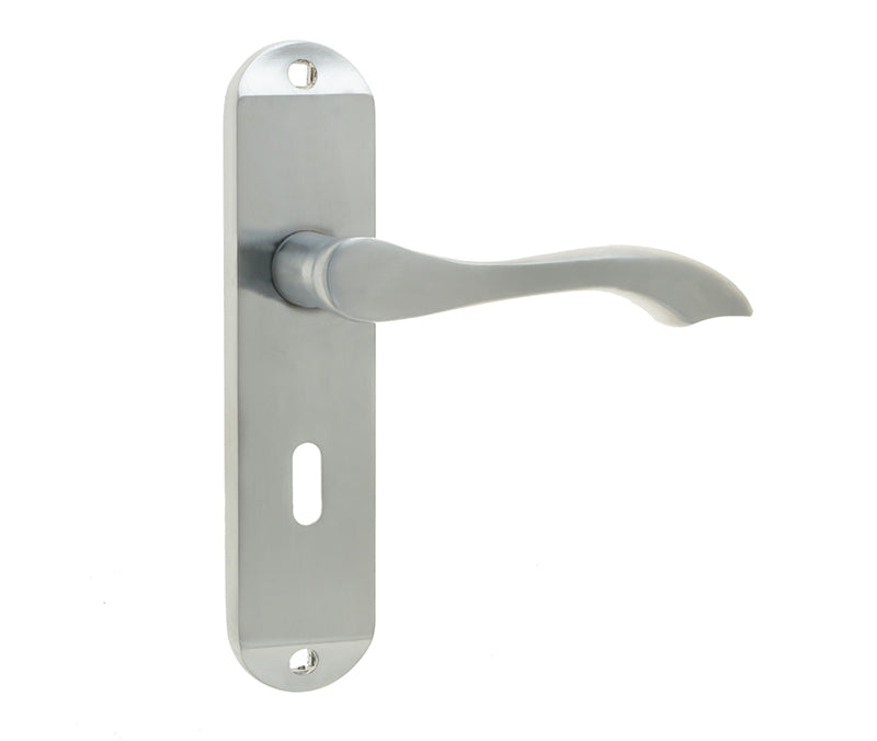 This is an image showing the Frelan - Broadway Standard Lever Lock Handles on Backplates - Satin Chrome available to order from T.H. Wiggans Ironmongery in Kendal