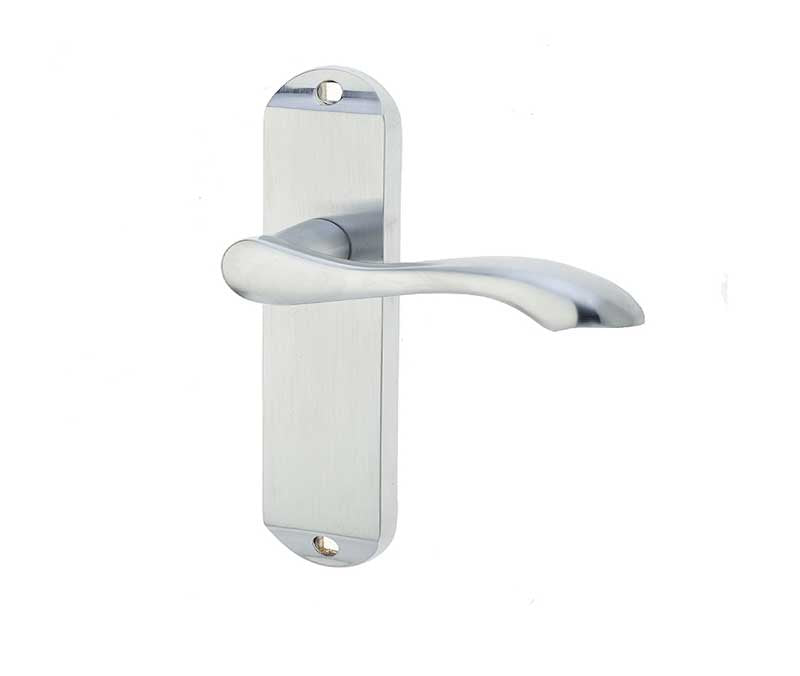 This is an image showing the Frelan - Broadway Lever Latch Handles on Backplates - Satin Chrome available to order from T.H. Wiggans Ironmongery in Kendal