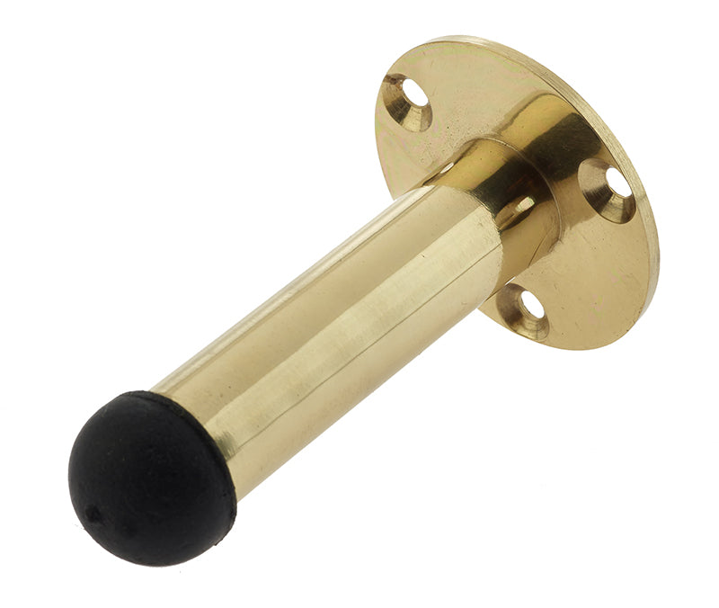 This is an image showing the Frelan - 85mm Cylinder Wall Mounted Door Stop on Rose - Polished Brass available to order from T.H. Wiggans Ironmongery in Kendal