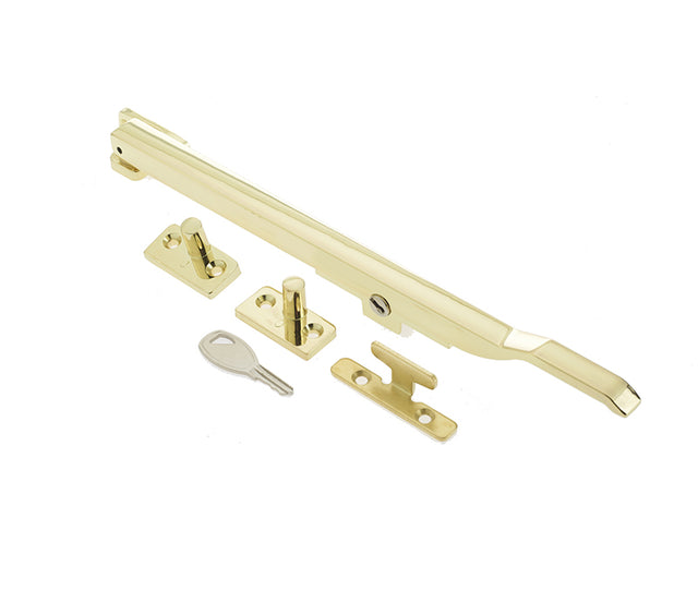 This is an image showing the Frelan - Modern 250mm Lockable Casement Stay - Polished Brass available to order from T.H. Wiggans Ironmongery in Kendal