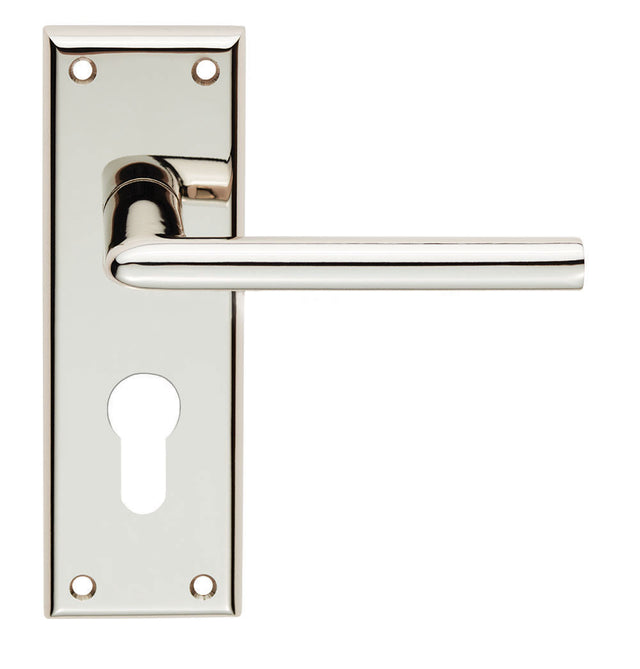 This image shows Serozzetta - dieci lever on face-fix backplate - euro 47.5mm - polished nickel - szr011ypn available from T.H. Wiggans Ironmongery in Kendal.