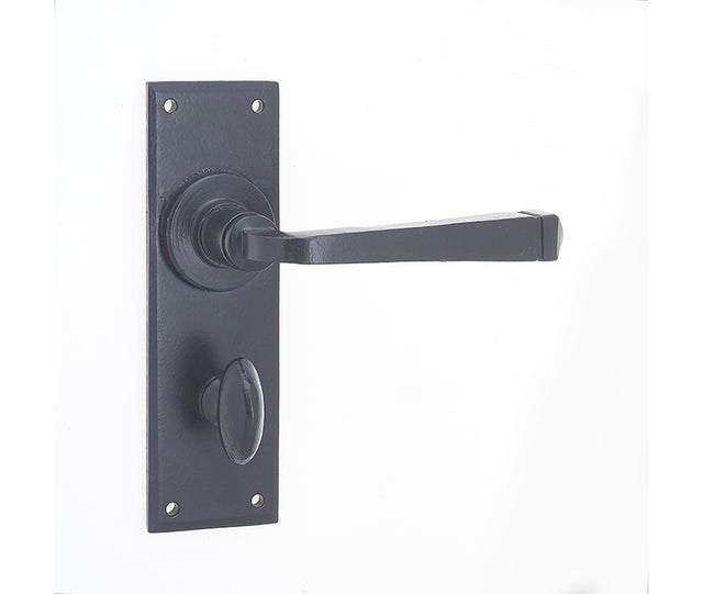 This is an image showing the Frelan - Valley Forge Bathroom Lock Handles on Backplate - Black available to order from T.H. Wiggans Ironmongery in Kendal