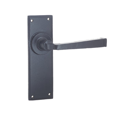 This is an image showing the Frelan - Valley Forge Lever Latch Handles on Backplate - Black available to order from T.H. Wiggans Ironmongery in Kendal