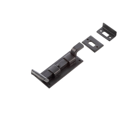 This is an image showing the Frelan - Valley Forge 90mm Necked Bolt - Black available to order from T.H. Wiggans Ironmongery in Kendal