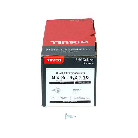 This is an image showing TIMCO Metal Construction Sheet & Framing Screws - PH - Wafer - Self-Drilling - Zinc - 4.2 x 16 - 1000 Pieces Box available from T.H Wiggans Ironmongery in Kendal, quick delivery at discounted prices.