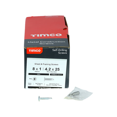 This is an image showing TIMCO Metal Construction Sheet & Framing Screws - PH - Wafer - Self-Drilling - Zinc - 4.2 x 25 - 1000 Pieces Box available from T.H Wiggans Ironmongery in Kendal, quick delivery at discounted prices.