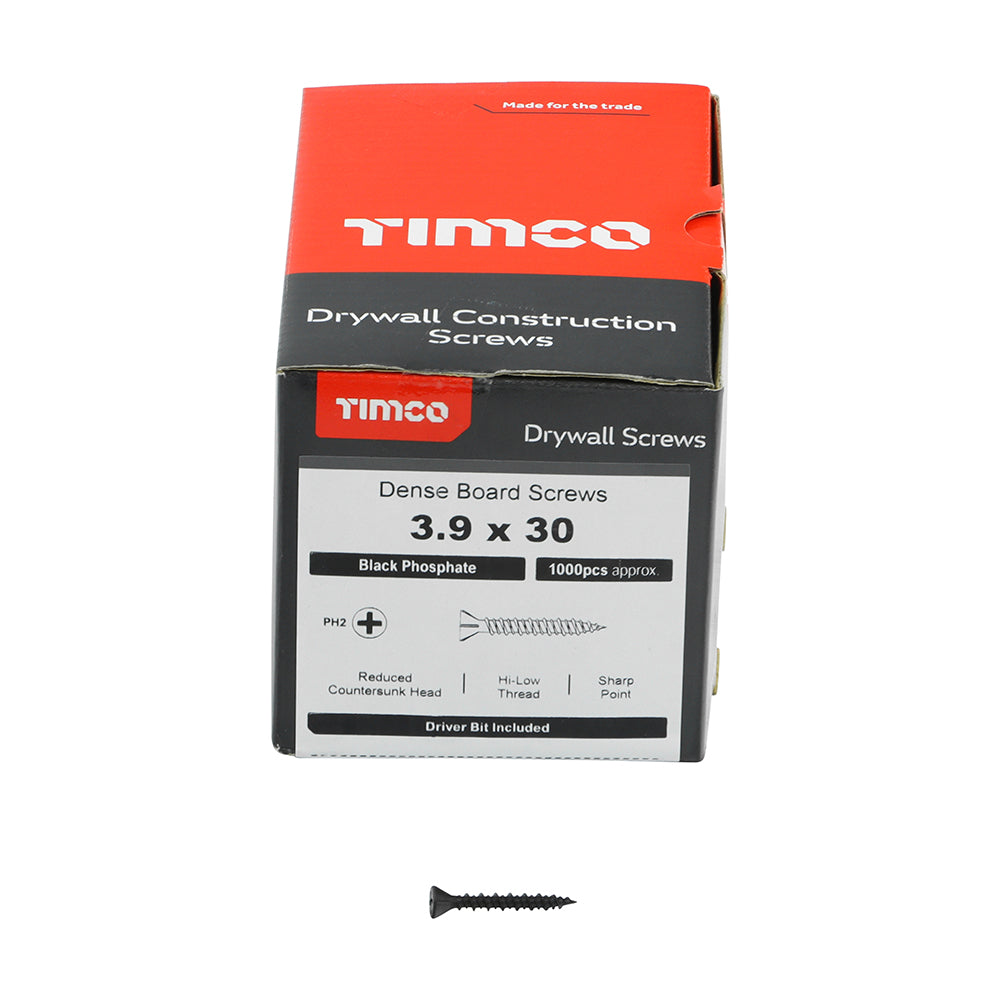 This is an image showing TIMCO Drywall Dense Board Screws - PH - Reduced Countersunk - High-Low Thread - Black - 3.9 x 30 - 1000 Pieces Box available from T.H Wiggans Ironmongery in Kendal, quick delivery at discounted prices.