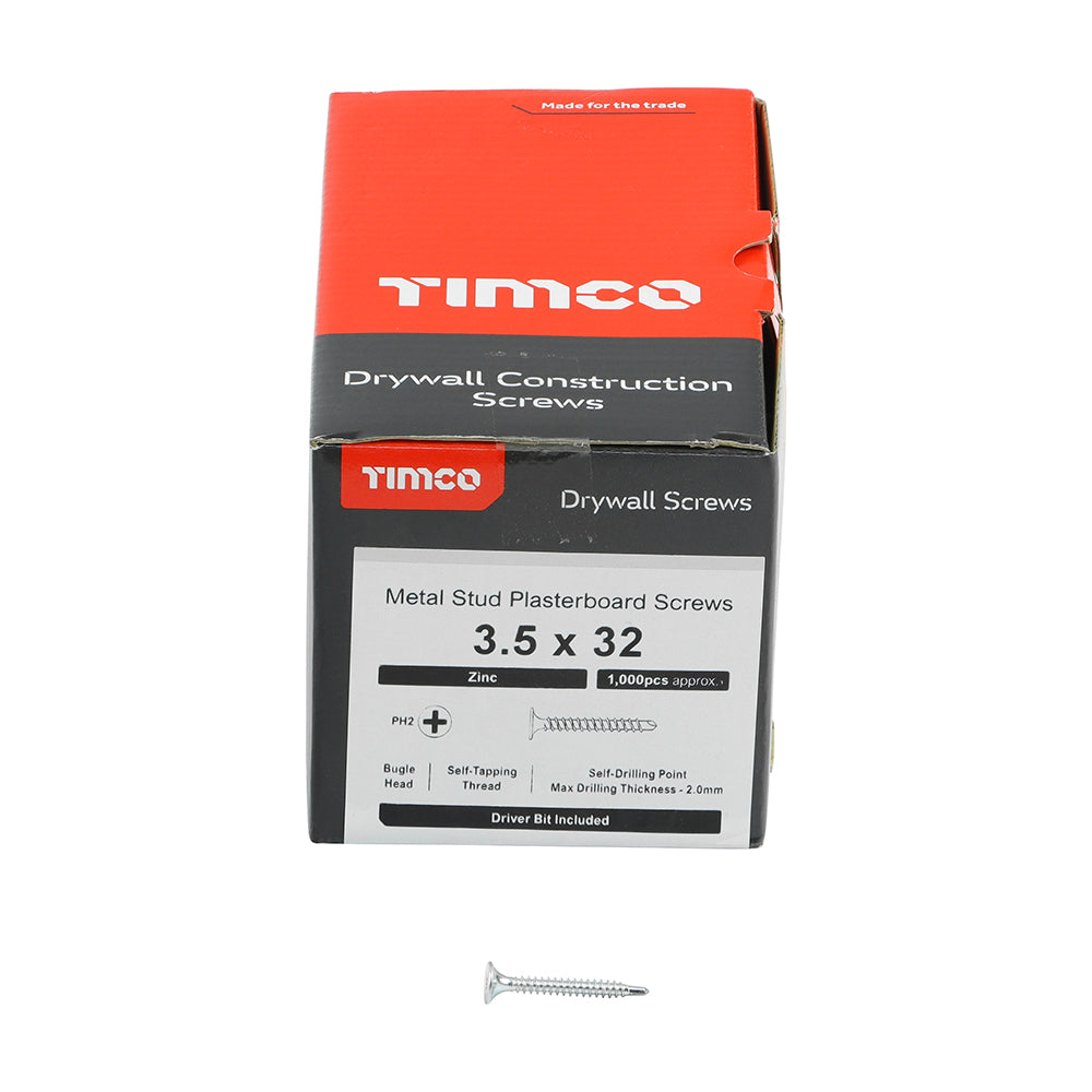 This is an image showing TIMCO Drywall Screws - PH - Bugle - Self Drilling - Zinc - 3.5 x 32 - 1000 Pieces Box available from T.H Wiggans Ironmongery in Kendal, quick delivery at discounted prices.