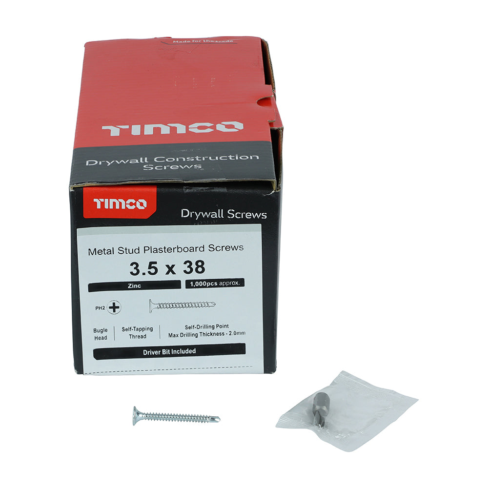 This is an image showing TIMCO Drywall Screws - PH - Bugle - Self Drilling - Zinc - 3.5 x 38 - 1000 Pieces Box available from T.H Wiggans Ironmongery in Kendal, quick delivery at discounted prices.