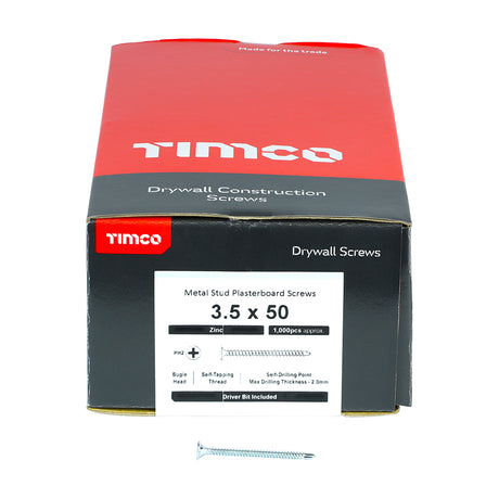 This is an image showing TIMCO Drywall Screws - PH - Bugle - Self Drilling - Zinc - 3.5 x 50 - 1000 Pieces Box available from T.H Wiggans Ironmongery in Kendal, quick delivery at discounted prices.