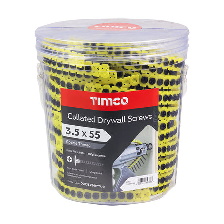 This is an image showing TIMCO Collated Drywall Screws - PH - Bugle - Coarse Thread - Black - 3.5 x 55 - 800 Pieces Tub available from T.H Wiggans Ironmongery in Kendal, quick delivery at discounted prices.