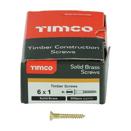 This is an image showing TIMCO Solid Brass Timber Screws - SLOT - Countersunk - 6 x 1 - 200 Pieces Box available from T.H Wiggans Ironmongery in Kendal, quick delivery at discounted prices.