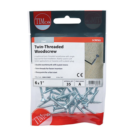 This is an image showing TIMCO Twin-Thread Woodscrews - PZ - Double Countersunk - Zinc - 6 x 1 - 35 Pieces TIMpac available from T.H Wiggans Ironmongery in Kendal, quick delivery at discounted prices.