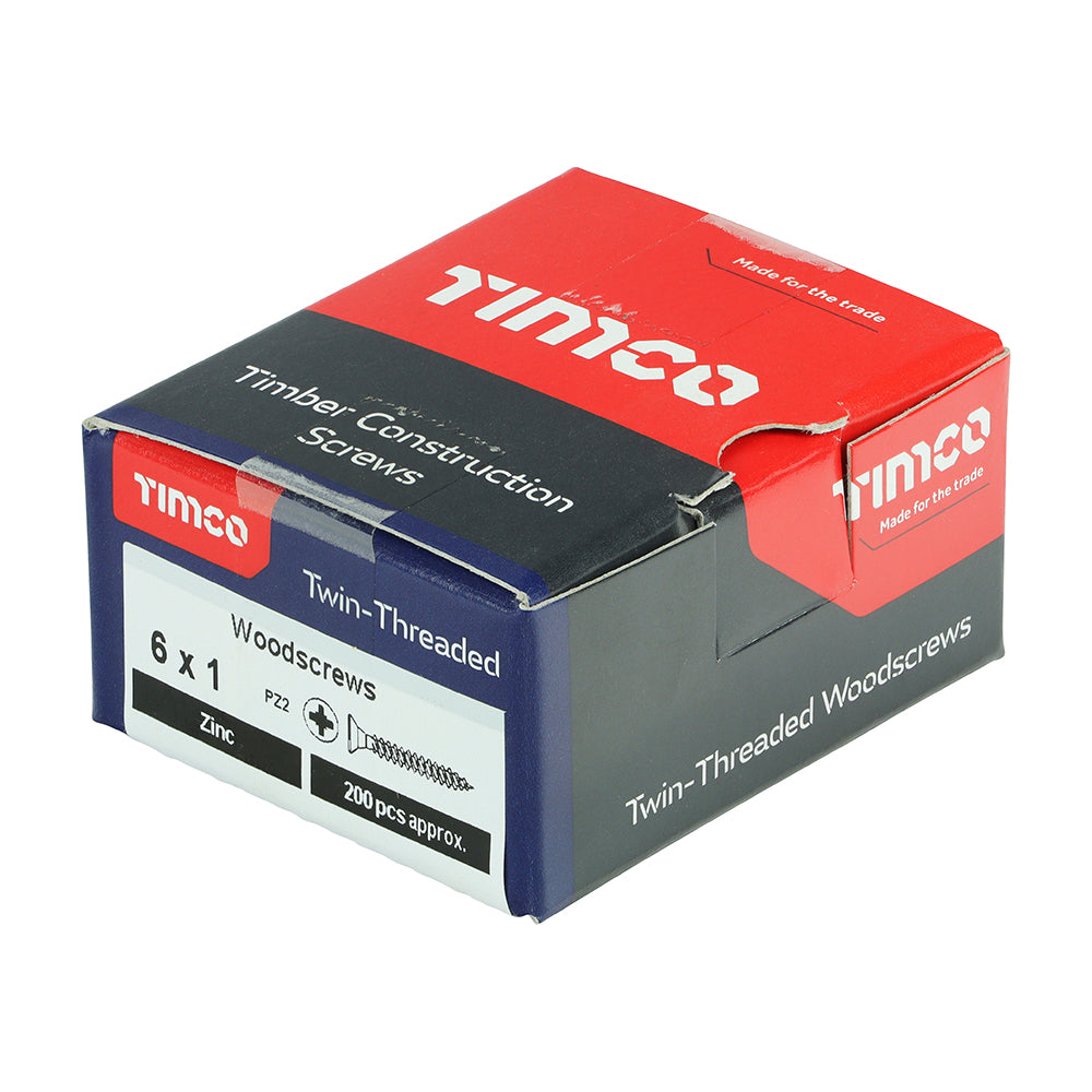 This is an image showing TIMCO Twin-Threaded Woodscrews - PZ - Double Countersunk - Zinc - 6 x 1 - 200 Pieces Box available from T.H Wiggans Ironmongery in Kendal, quick delivery at discounted prices.