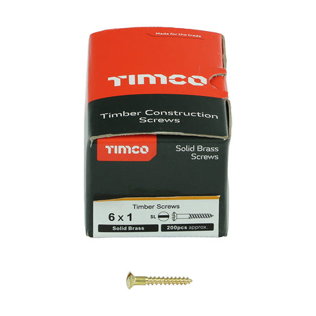 This is an image showing TIMCO Solid Brass Timber Screws - SLOT - Raised Countersunk - 6 x 1 - 200 Pieces Box available from T.H Wiggans Ironmongery in Kendal, quick delivery at discounted prices.