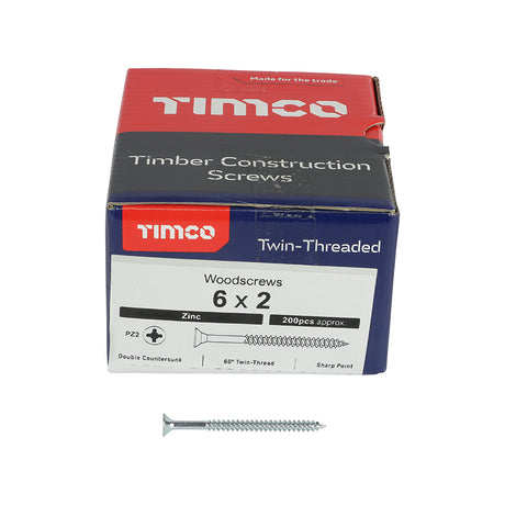 This is an image showing TIMCO Twin-Threaded Woodscrews - PZ - Double Countersunk - Zinc - 6 x 2 - 200 Pieces Box available from T.H Wiggans Ironmongery in Kendal, quick delivery at discounted prices.