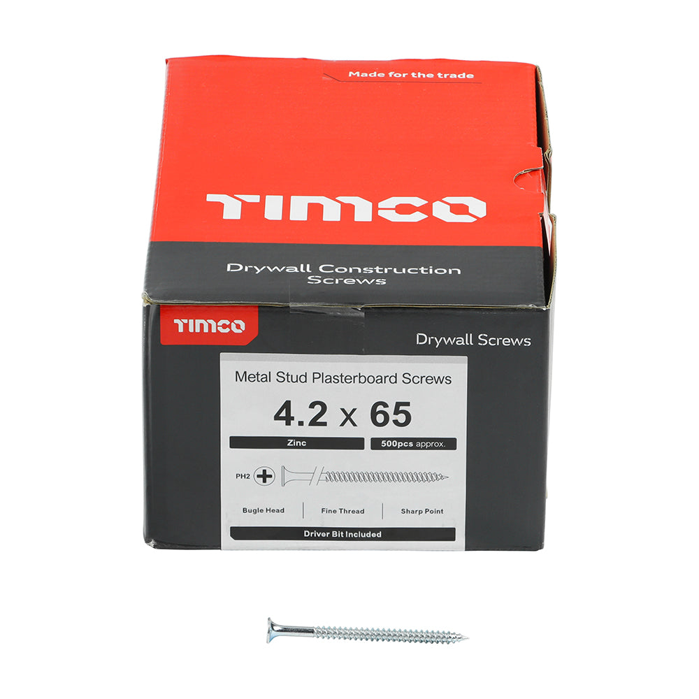 This is an image showing TIMCO Drywall Screws - PH - Bugle - Fine Thread - Zinc - 4.2 x 65 - 500 Pieces Box available from T.H Wiggans Ironmongery in Kendal, quick delivery at discounted prices.