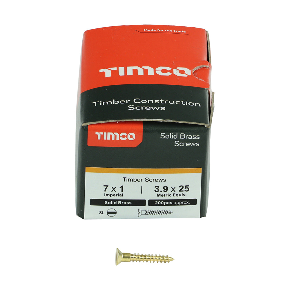 This is an image showing TIMCO Solid Brass Timber Screws - SLOT - Countersunk - 7 x 1 - 200 Pieces Box available from T.H Wiggans Ironmongery in Kendal, quick delivery at discounted prices.