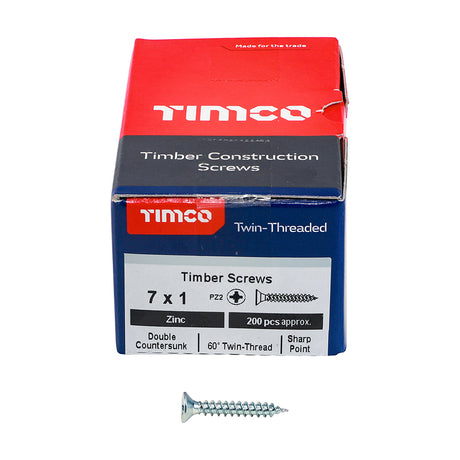 This is an image showing TIMCO Twin-Threaded Woodscrews - PZ - Double Countersunk - Zinc - 7 x 1 - 200 Pieces Box available from T.H Wiggans Ironmongery in Kendal, quick delivery at discounted prices.