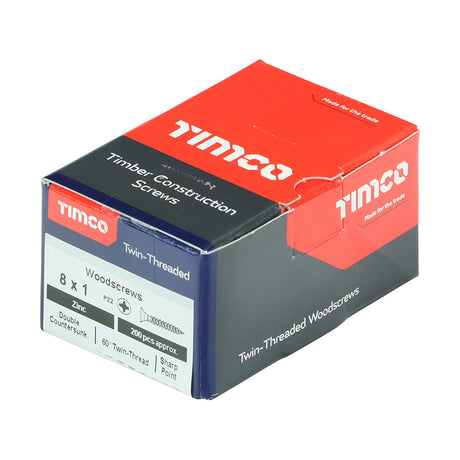 This is an image showing TIMCO Twin-Threaded Woodscrews - PZ - Double Countersunk - Zinc - 8 x 1 - 200 Pieces Box available from T.H Wiggans Ironmongery in Kendal, quick delivery at discounted prices.