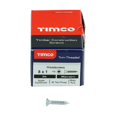 This is an image showing TIMCO Twin-Threaded Woodscrews - PZ - Double Countersunk - Zinc - 8 x 1 - 200 Pieces Box available from T.H Wiggans Ironmongery in Kendal, quick delivery at discounted prices.