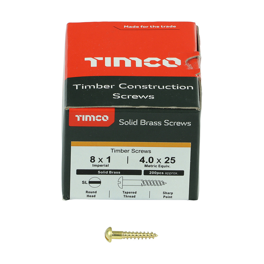 This is an image showing TIMCO Solid Brass Timber Screws - SLOT - Round - 8 x 1 - 200 Pieces Box available from T.H Wiggans Ironmongery in Kendal, quick delivery at discounted prices.