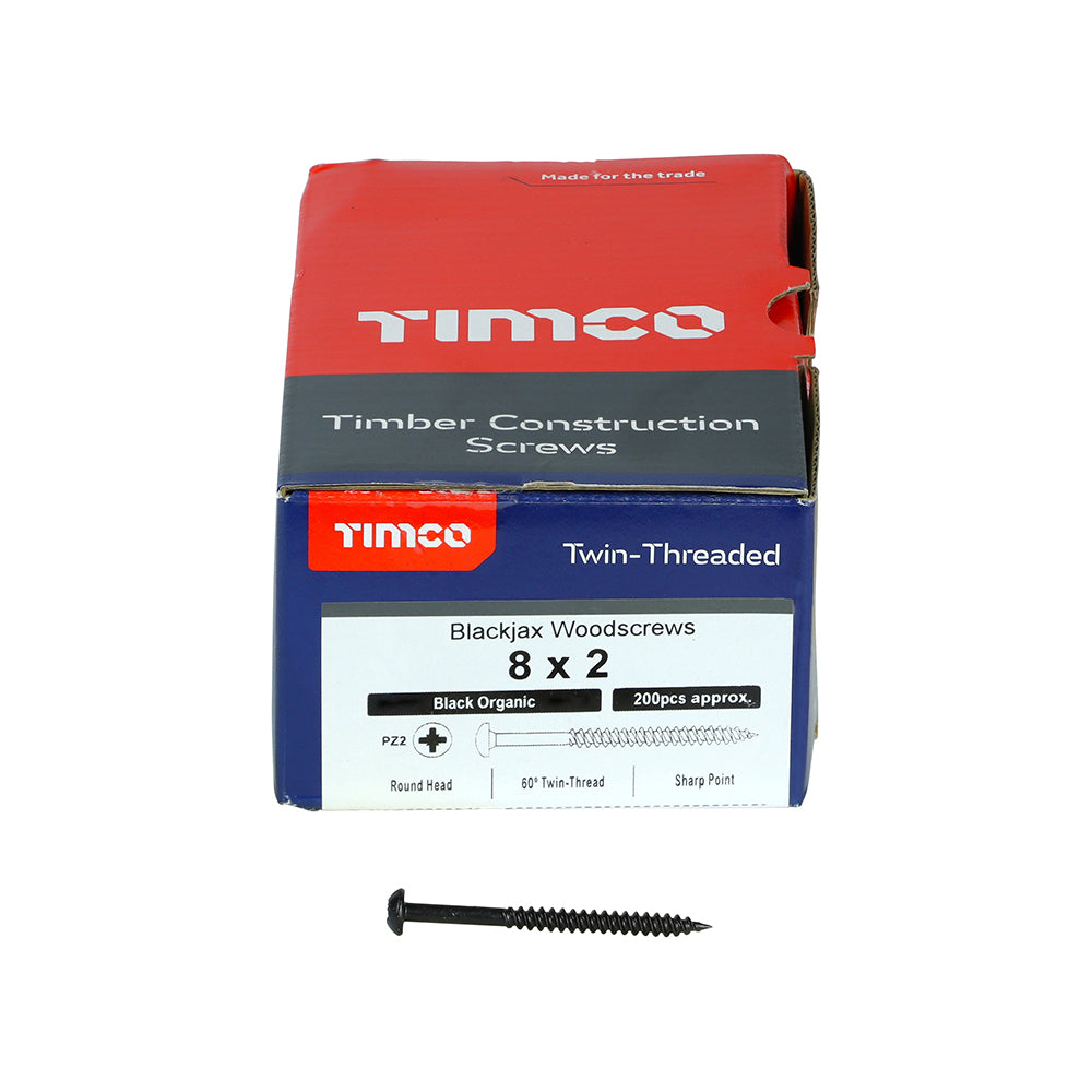 This is an image showing TIMCO Blackjax Woodscrews - PZ - Round - Black Organic - 8 x 2 - 200 Pieces Box available from T.H Wiggans Ironmongery in Kendal, quick delivery at discounted prices.