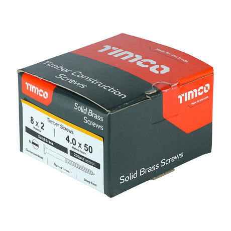 This is an image showing TIMCO Solid Brass Timber Screws - SLOT - Countersunk - 8 x 2 - 200 Pieces Box available from T.H Wiggans Ironmongery in Kendal, quick delivery at discounted prices.