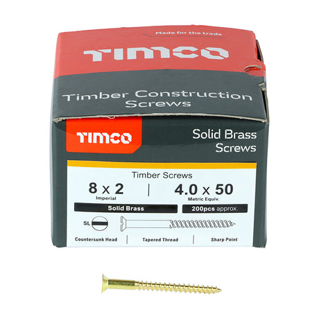 This is an image showing TIMCO Solid Brass Timber Screws - SLOT - Countersunk - 8 x 2 - 200 Pieces Box available from T.H Wiggans Ironmongery in Kendal, quick delivery at discounted prices.