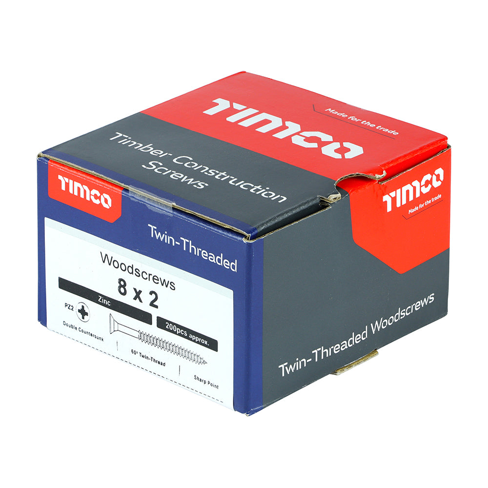 This is an image showing TIMCO Twin-Threaded Woodscrews - PZ - Double Countersunk - Zinc - 8 x 2 - 200 Pieces Box available from T.H Wiggans Ironmongery in Kendal, quick delivery at discounted prices.