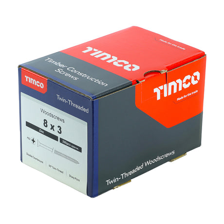 This is an image showing TIMCO Twin-Threaded Woodscrews - PZ - Double Countersunk - Zinc - 8 x 3 - 200 Pieces Box available from T.H Wiggans Ironmongery in Kendal, quick delivery at discounted prices.