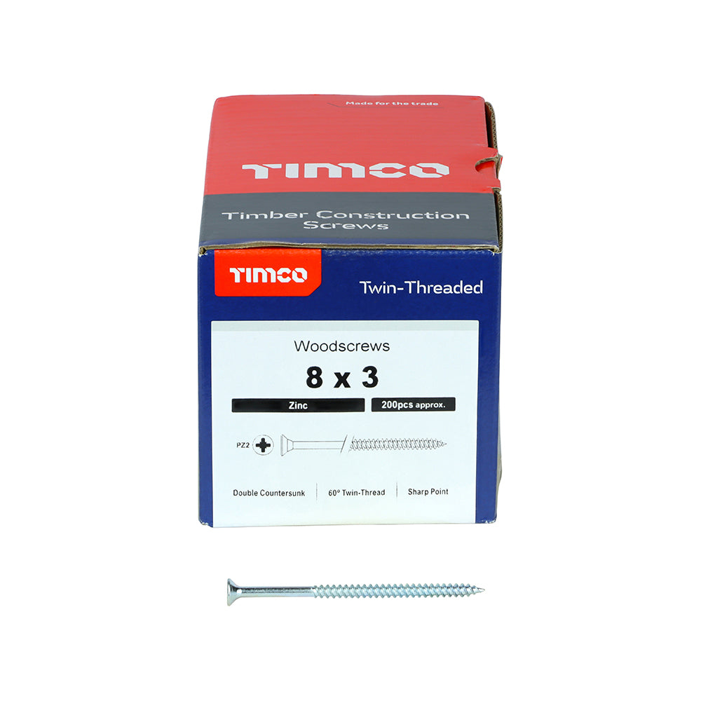 This is an image showing TIMCO Twin-Threaded Woodscrews - PZ - Double Countersunk - Zinc - 8 x 3 - 200 Pieces Box available from T.H Wiggans Ironmongery in Kendal, quick delivery at discounted prices.