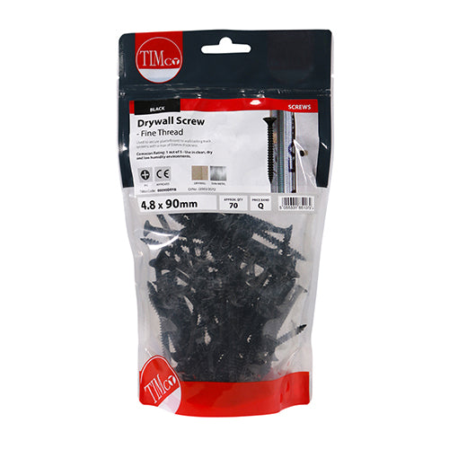 This is an image showing TIMCO Drywall Screws - Fine Thread - PH - Bugle - Black - 4.8 x 90 - 70 Pieces TIMbag available from T.H Wiggans Ironmongery in Kendal, quick delivery at discounted prices.