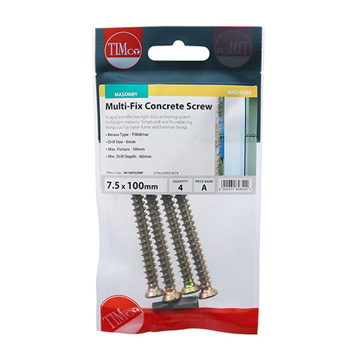 This is an image showing TIMCO Concrete Screws - TX - Flat Countersunk - Yellow - 7.5 x 100 - 4 Pieces TIMpac available from T.H Wiggans Ironmongery in Kendal, quick delivery at discounted prices.