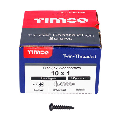 This is an image showing TIMCO Blackjax Woodscrews - PZ - Round - Black Organic - 10 x 1 - 200 Pieces Box available from T.H Wiggans Ironmongery in Kendal, quick delivery at discounted prices.