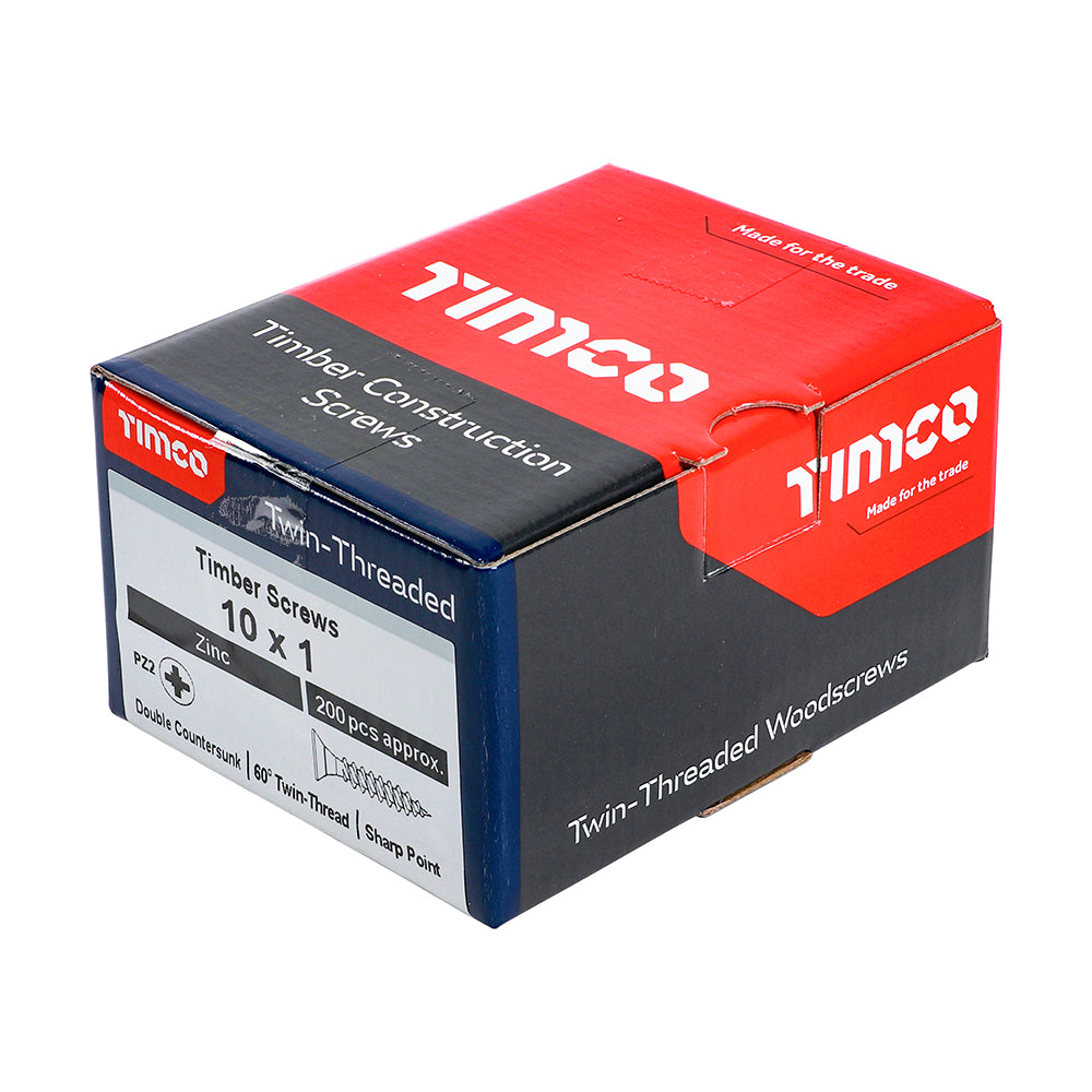 This is an image showing TIMCO Twin-Threaded Woodscrews - PZ - Double Countersunk - Zinc - 10 x 1 - 200 Pieces Box available from T.H Wiggans Ironmongery in Kendal, quick delivery at discounted prices.
