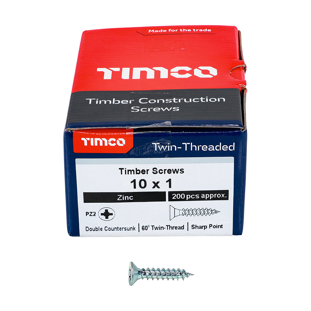 This is an image showing TIMCO Twin-Threaded Woodscrews - PZ - Double Countersunk - Zinc - 10 x 1 - 200 Pieces Box available from T.H Wiggans Ironmongery in Kendal, quick delivery at discounted prices.