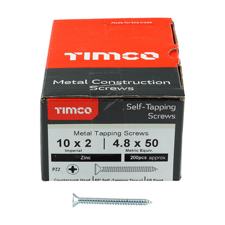 This is an image showing TIMCO Self-Tapping Screws - PZ - Countersunk - Zinc - 10 x 2 - 200 Pieces Box available from T.H Wiggans Ironmongery in Kendal, quick delivery at discounted prices.