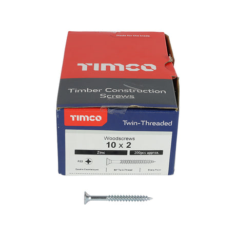 This is an image showing TIMCO Twin-Threaded Woodscrews - PZ - Round - Zinc - 10 x 2 - 200 Pieces Box available from T.H Wiggans Ironmongery in Kendal, quick delivery at discounted prices.