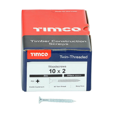 This is an image showing TIMCO Twin-Threaded Woodscrews - PZ - Double Countersunk - Zinc - 10 x 2 - 200 Pieces Box available from T.H Wiggans Ironmongery in Kendal, quick delivery at discounted prices.