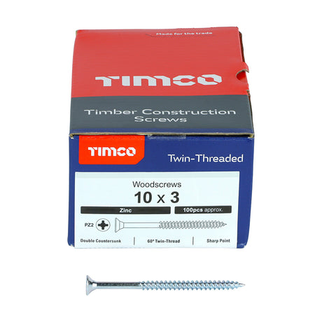 This is an image showing TIMCO Twin-Threaded Woodscrews - PZ - Double Countersunk - Zinc - 10 x 3 - 100 Pieces Box available from T.H Wiggans Ironmongery in Kendal, quick delivery at discounted prices.