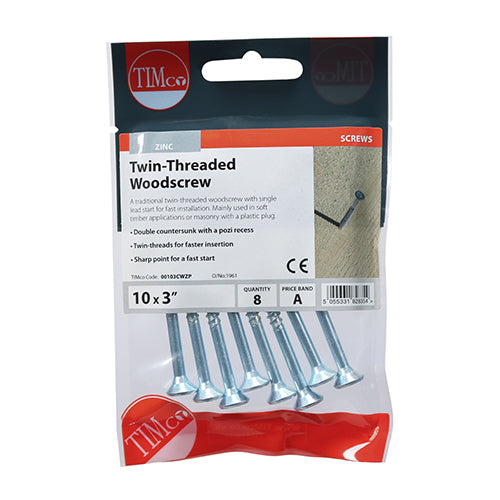 This is an image showing TIMCO Twin-Thread Woodscrews - PZ - Double Countersunk - Zinc - 10 x 3 - 8 Pieces TIMpac available from T.H Wiggans Ironmongery in Kendal, quick delivery at discounted prices.