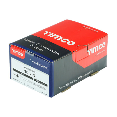 This is an image showing TIMCO Twin-Threaded Woodscrews - PZ - Double Countersunk - Zinc - 10 x 4 - 100 Pieces Box available from T.H Wiggans Ironmongery in Kendal, quick delivery at discounted prices.