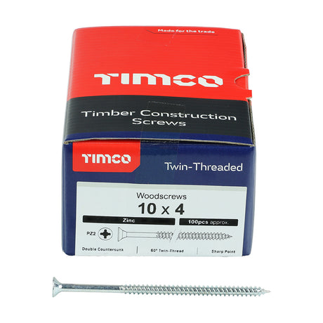 This is an image showing TIMCO Twin-Threaded Woodscrews - PZ - Double Countersunk - Zinc - 10 x 4 - 100 Pieces Box available from T.H Wiggans Ironmongery in Kendal, quick delivery at discounted prices.