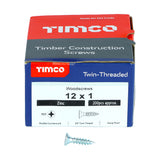 This is an image showing TIMCO Twin-Threaded Woodscrews - PZ - Double Countersunk - Zinc - 12 x 1 - 200 Pieces Box available from T.H Wiggans Ironmongery in Kendal, quick delivery at discounted prices.