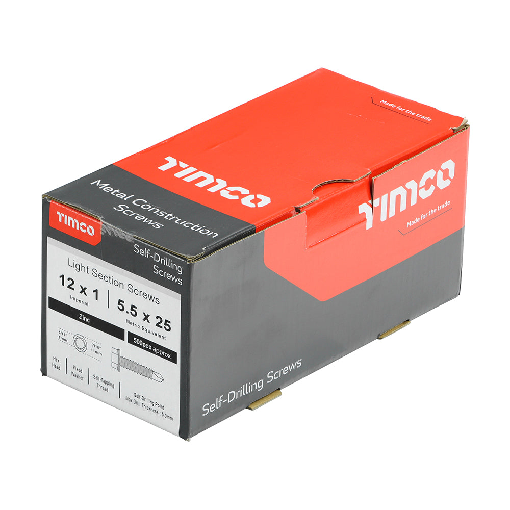 This is an image showing TIMCO Metal Construction Light Section Screws - Hex - Self-Drilling - Zinc - 12 x 1 - 500 Pieces Box available from T.H Wiggans Ironmongery in Kendal, quick delivery at discounted prices.