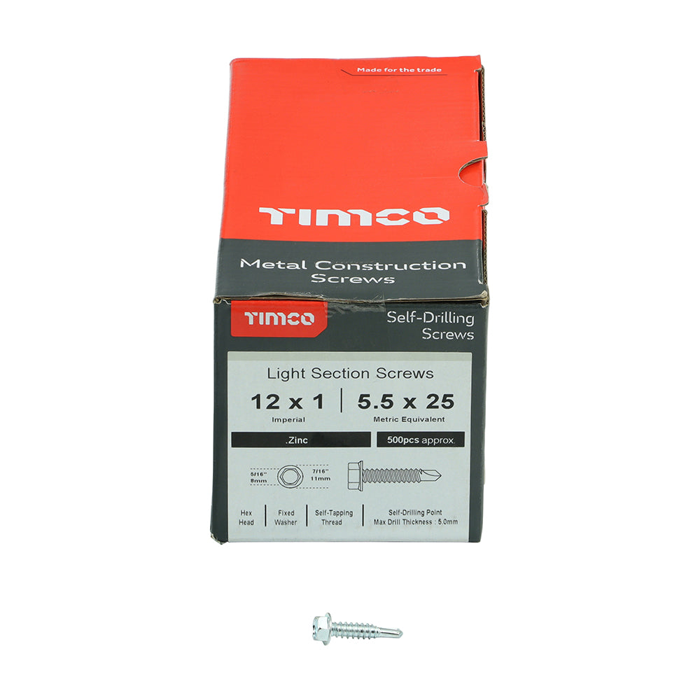 This is an image showing TIMCO Metal Construction Light Section Screws - Hex - Self-Drilling - Zinc - 12 x 1 - 500 Pieces Box available from T.H Wiggans Ironmongery in Kendal, quick delivery at discounted prices.